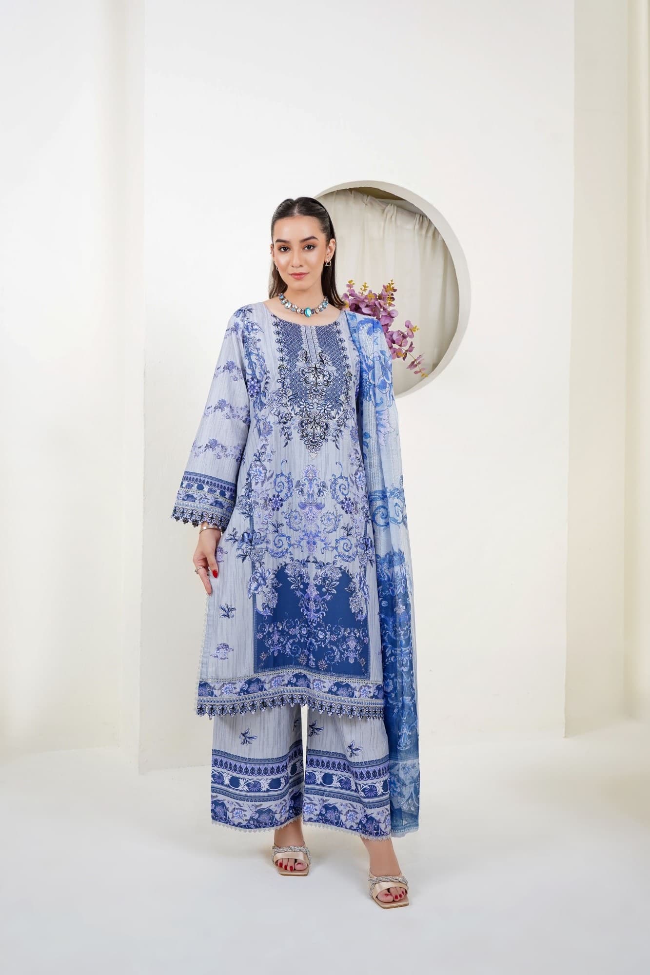 Indigo Floral Printed Lawn Suit — front view