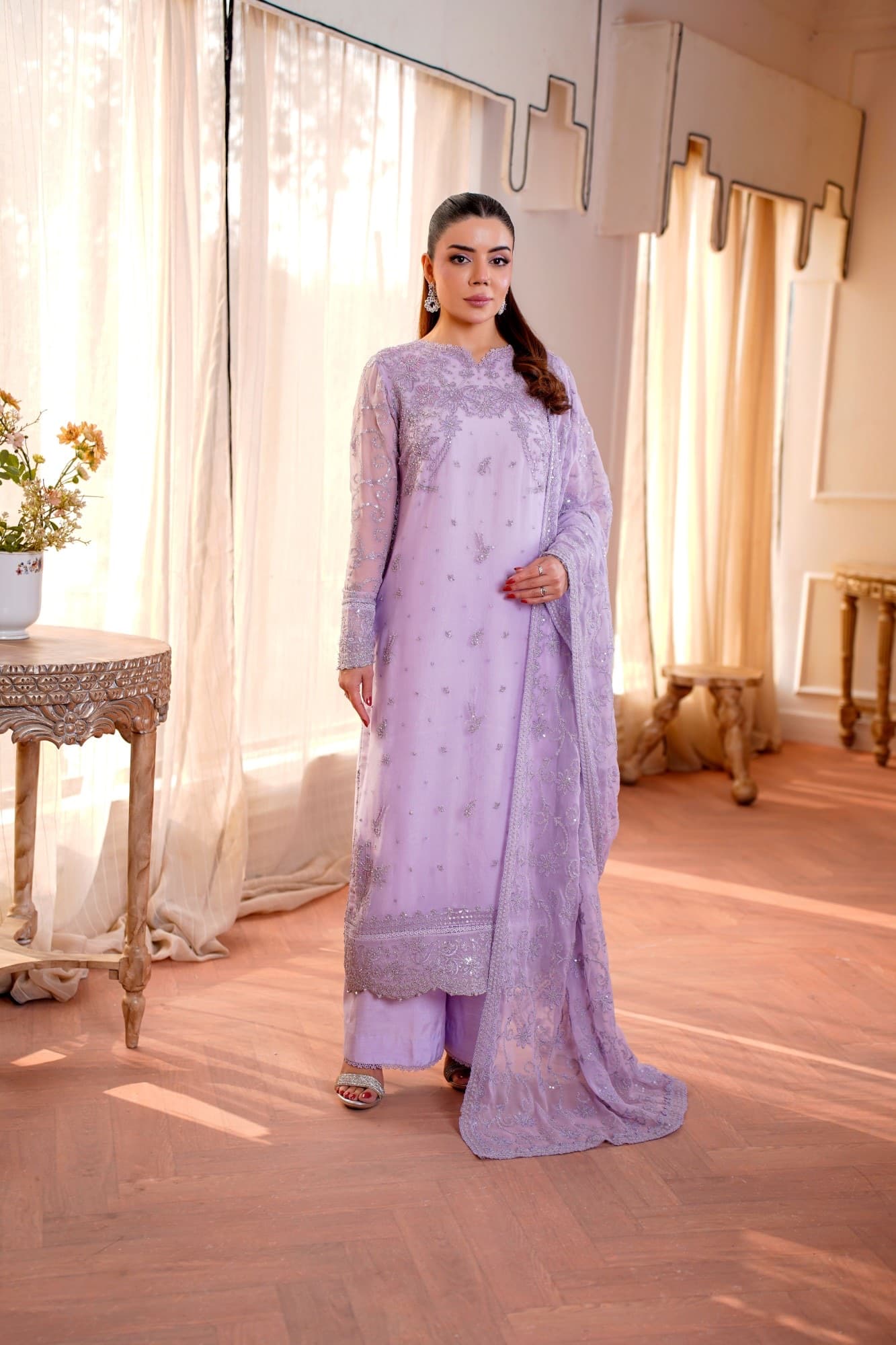 Lilac Embellished Organza Suit — front view