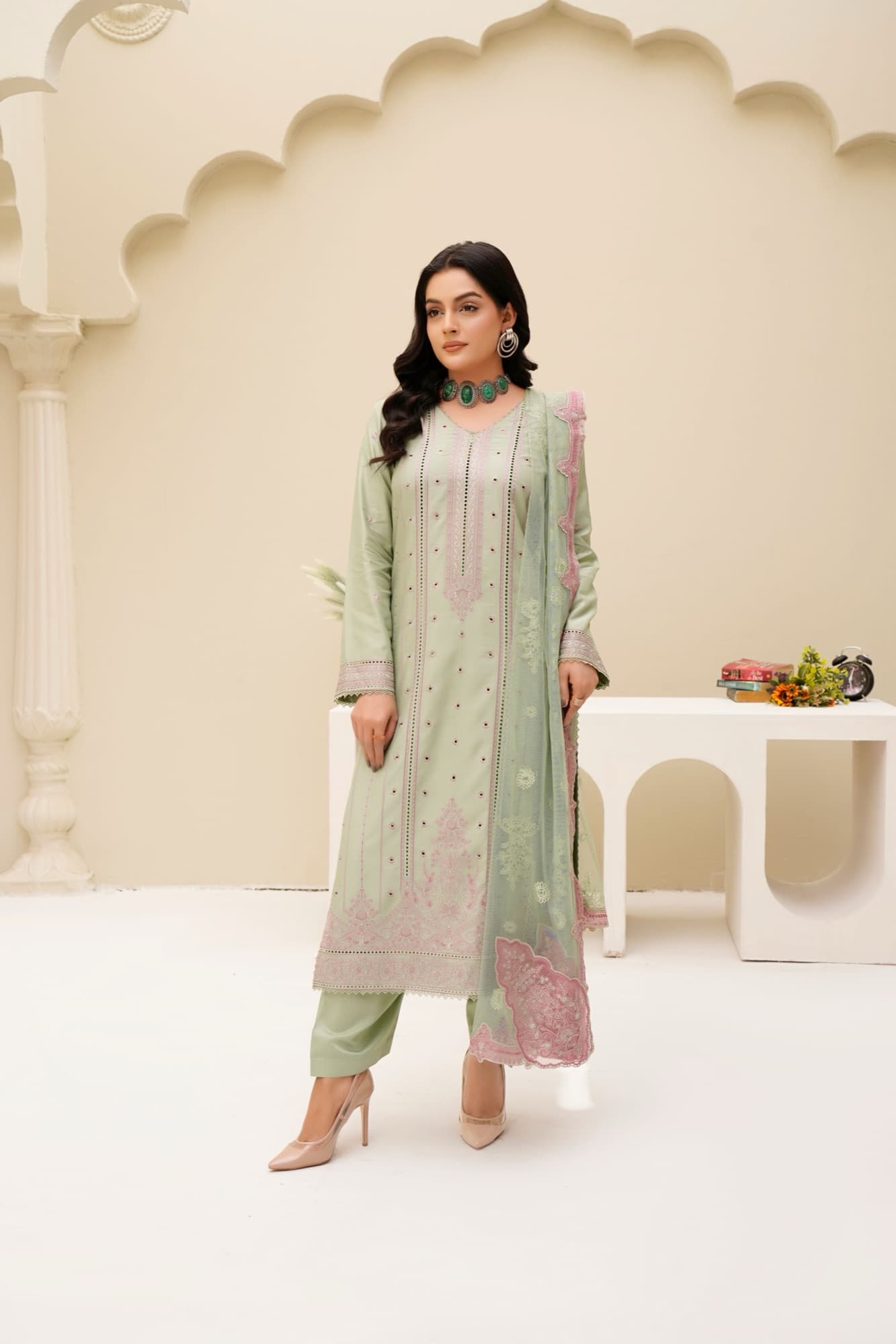Mint Embroidered Straight Suit — front view