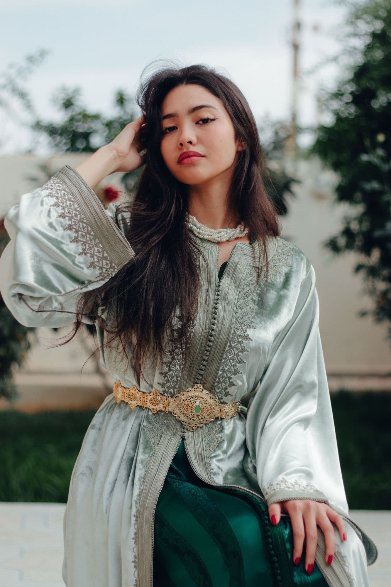 Sage Velvet Kaftan Gown — front view