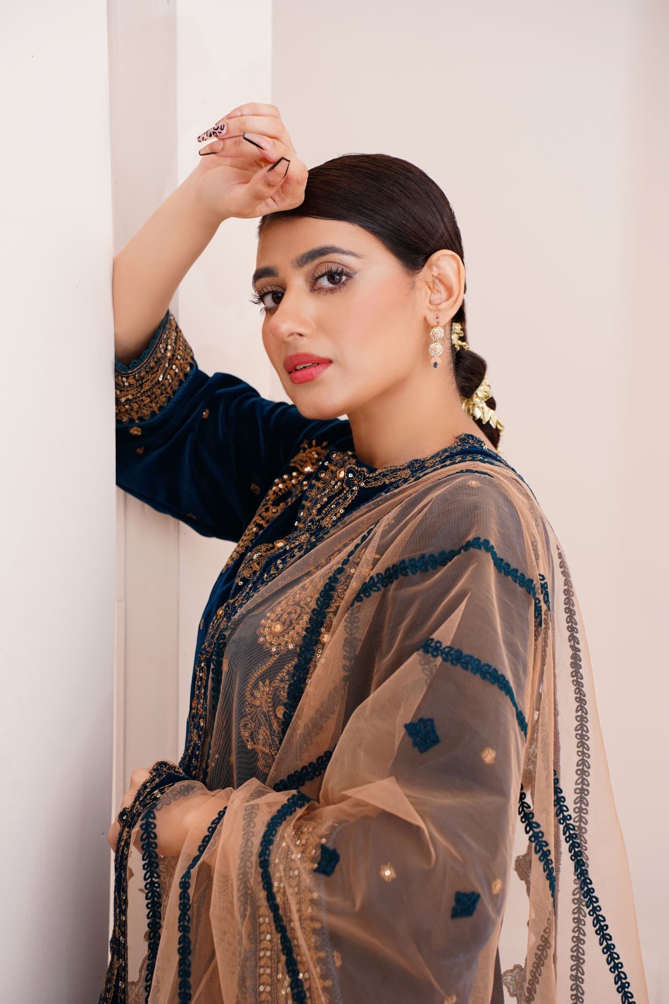 Teal Velvet Suit with Peach Net Dupatta — front view